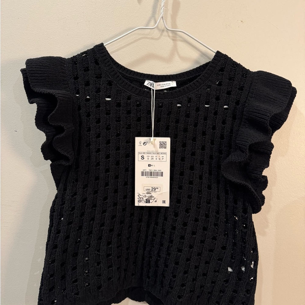 Zara Black Ruffled Open-Knit Sweater, size S, NWT